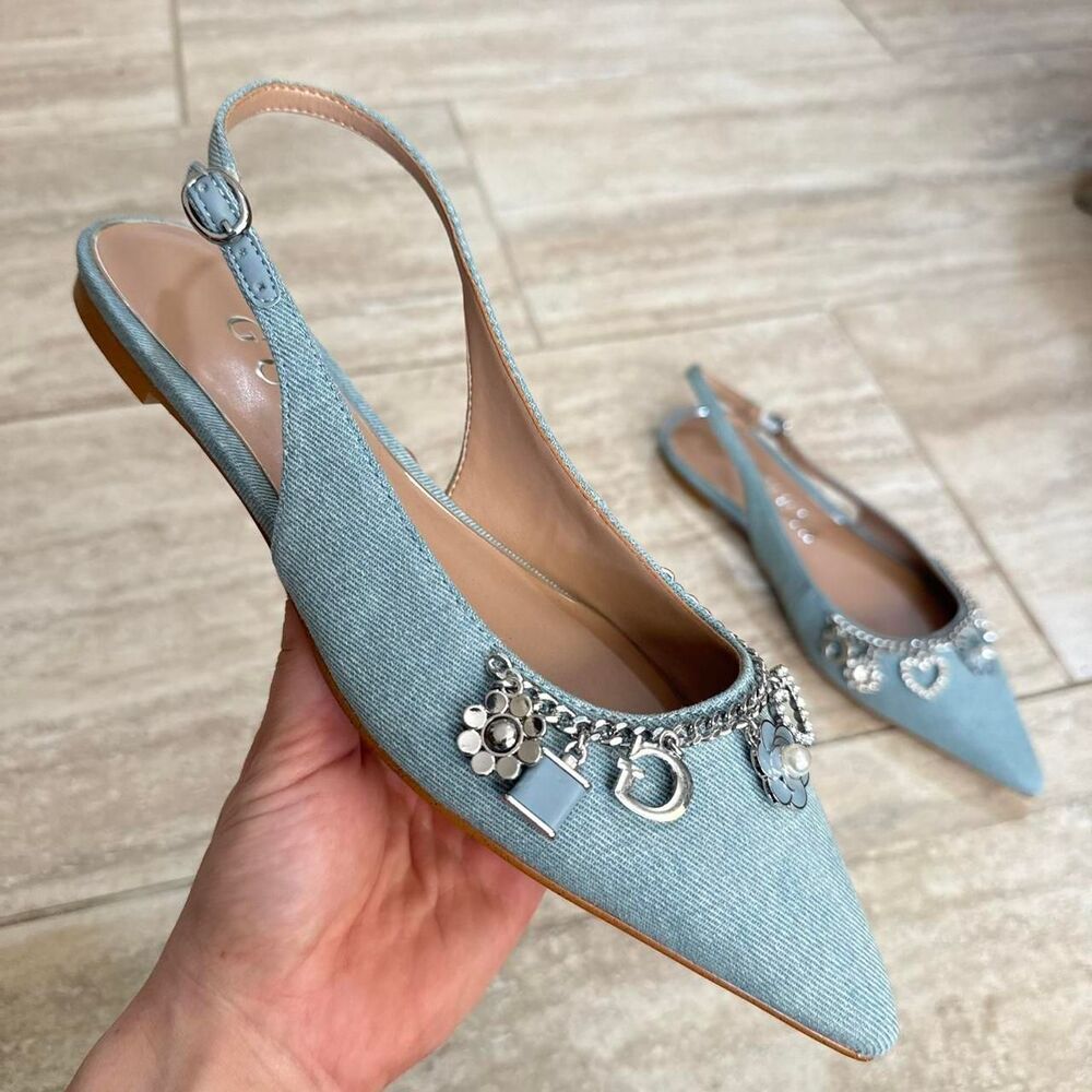 GUESS Daisee Denim Slingback Flats Crystal Charm Y2K Pointed Ballet Shoes 7.5